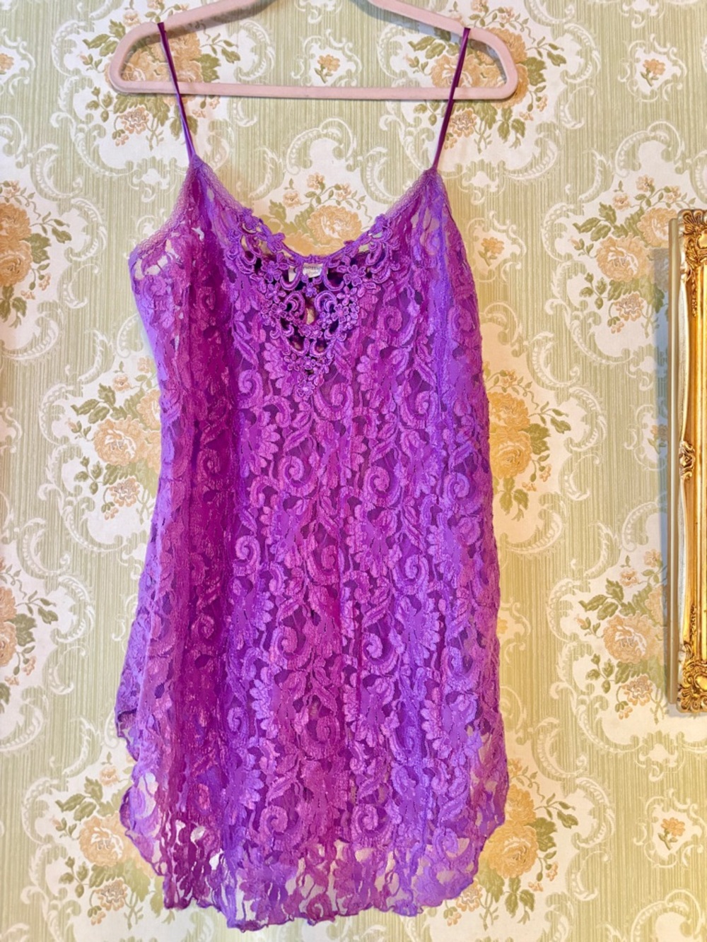 Vintage Cinema Etoile Purple Lace Slip Dress Sheer Y2K Lingerie Nightgown USA M